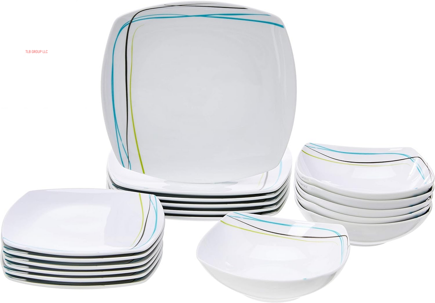 18 Piece Kitchen Dinnerware Set - Square Plates, Bowls, Service for 6 - Modern Beams