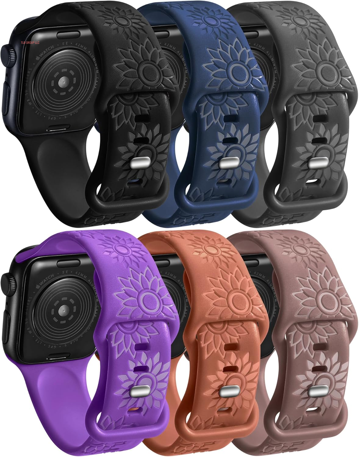 6 Pack Flower Engraved Bands Compatible Apple Watch Band with 38Mm 40Mm 41Mm 42Mm 44Mm 46Mm 45Mm 49Mm Women Men.Silicone Floral Reflective Sport Strap for Iwatch Series 10 9 8 7 6 5 4 3 SE Ultra 2 1