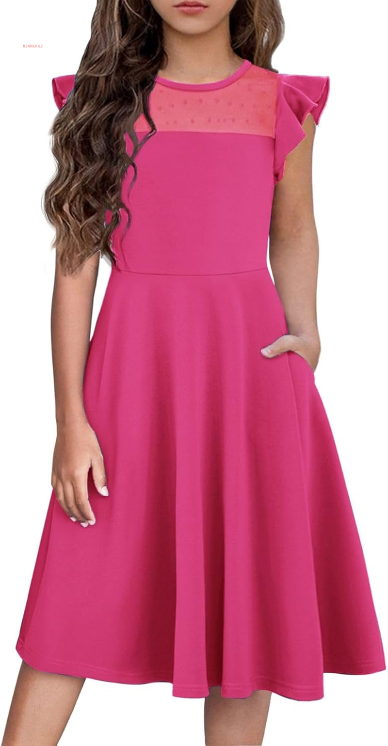Girls Dresses Summer Formal Party Wedding Ruffle Sleeve Mesh a Line Dress with Pockets