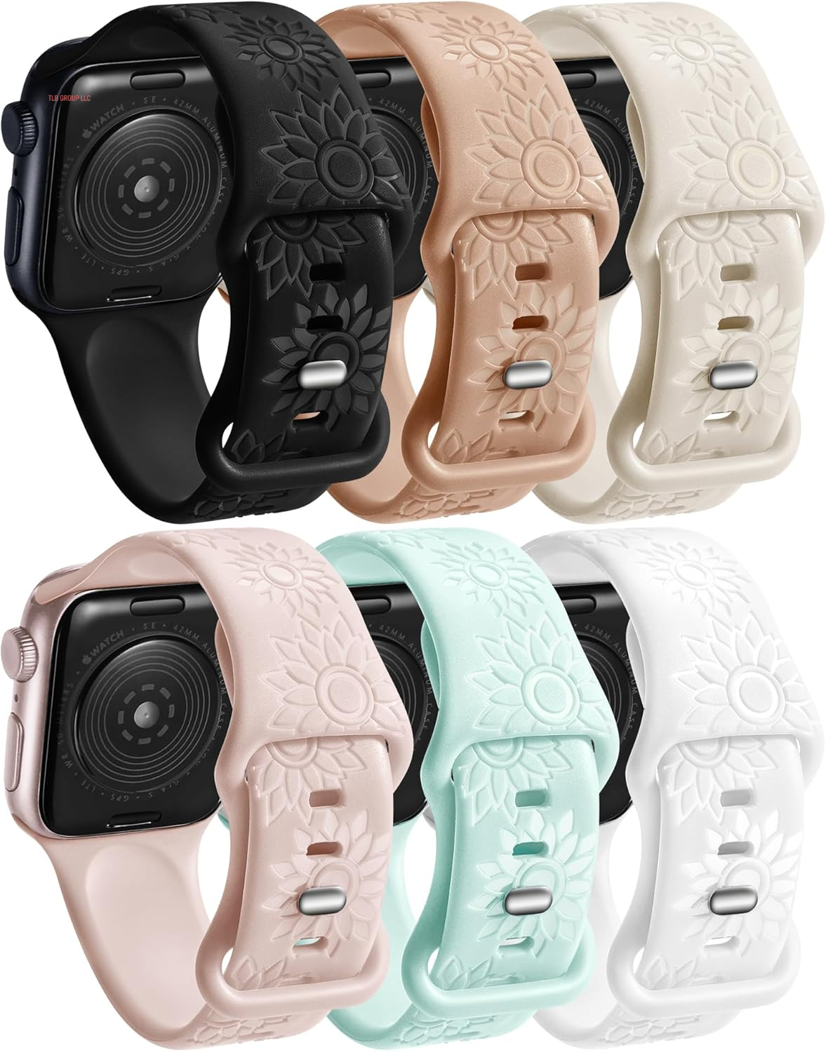 6 Pack Flower Engraved Bands Compatible Apple Watch Band with 38Mm 40Mm 41Mm 42Mm 44Mm 46Mm 45Mm 49Mm Women Men.Silicone Floral Reflective Sport Strap for Iwatch Series 10 9 8 7 6 5 4 3 SE Ultra 2 1