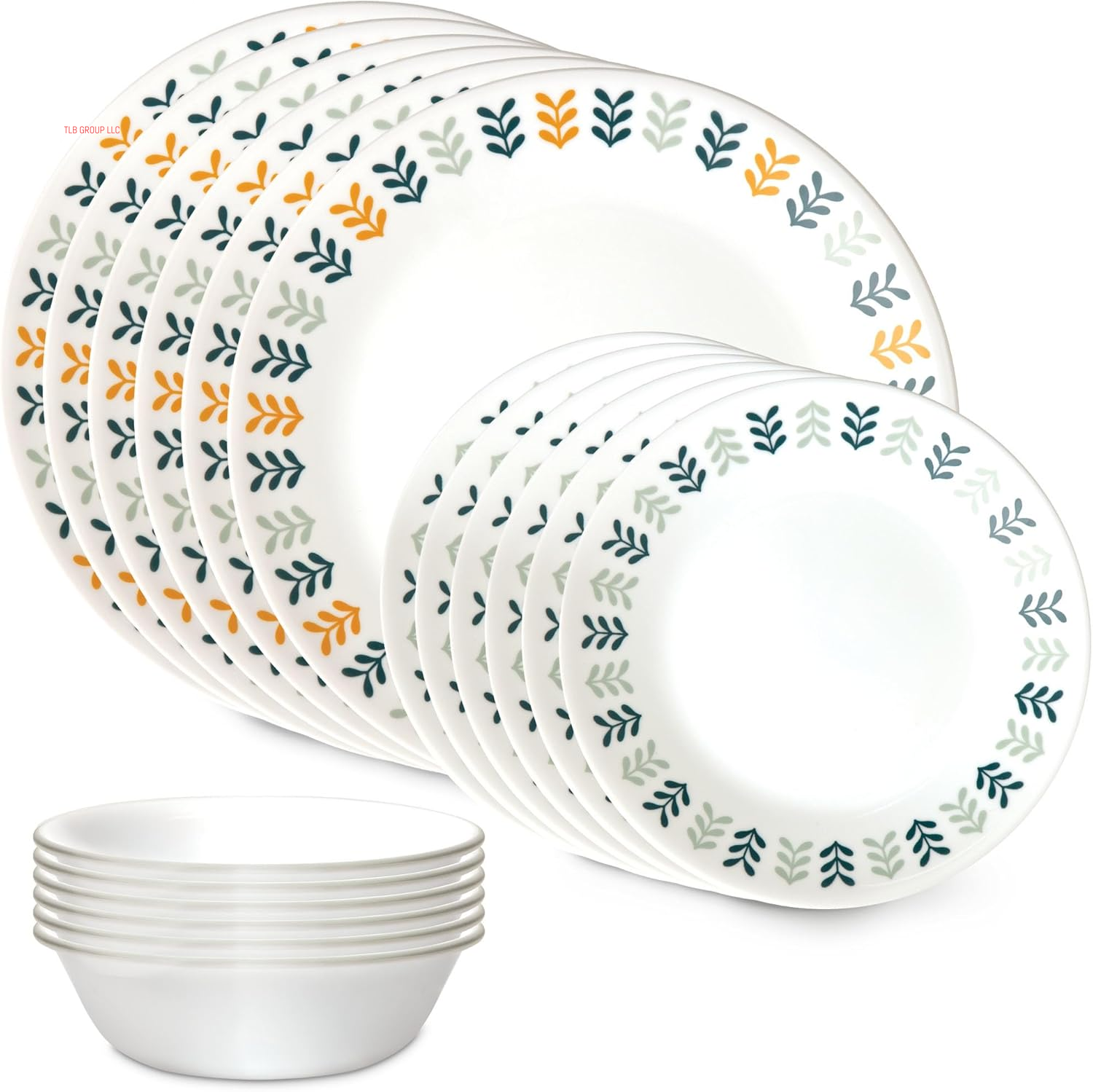 Vitrelle 18 Piece Glass Dinnerware Sets, Service for 6, Triple Layer Chip & Crack Resistant Glass Plate and Bowl Sets, Spring Blossom Green