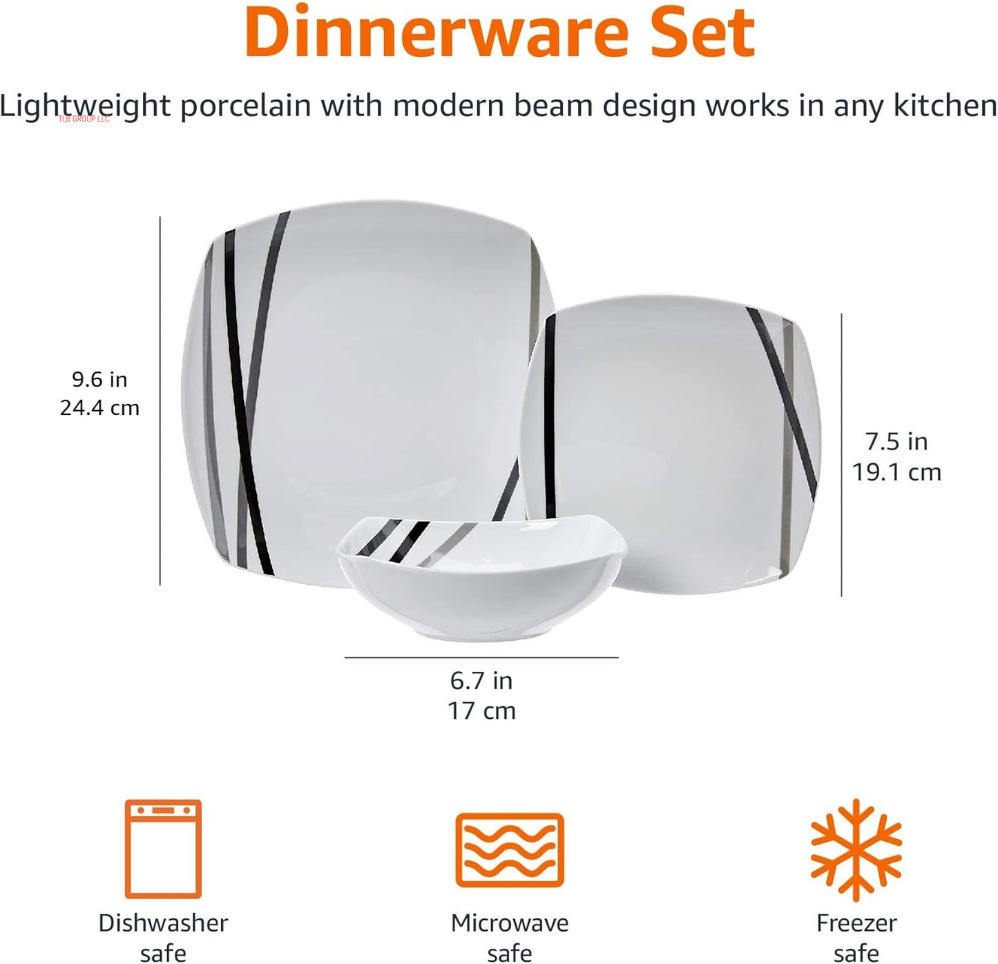 18 Piece Kitchen Dinnerware Set - Square Plates, Bowls, Service for 6 - Modern Beams