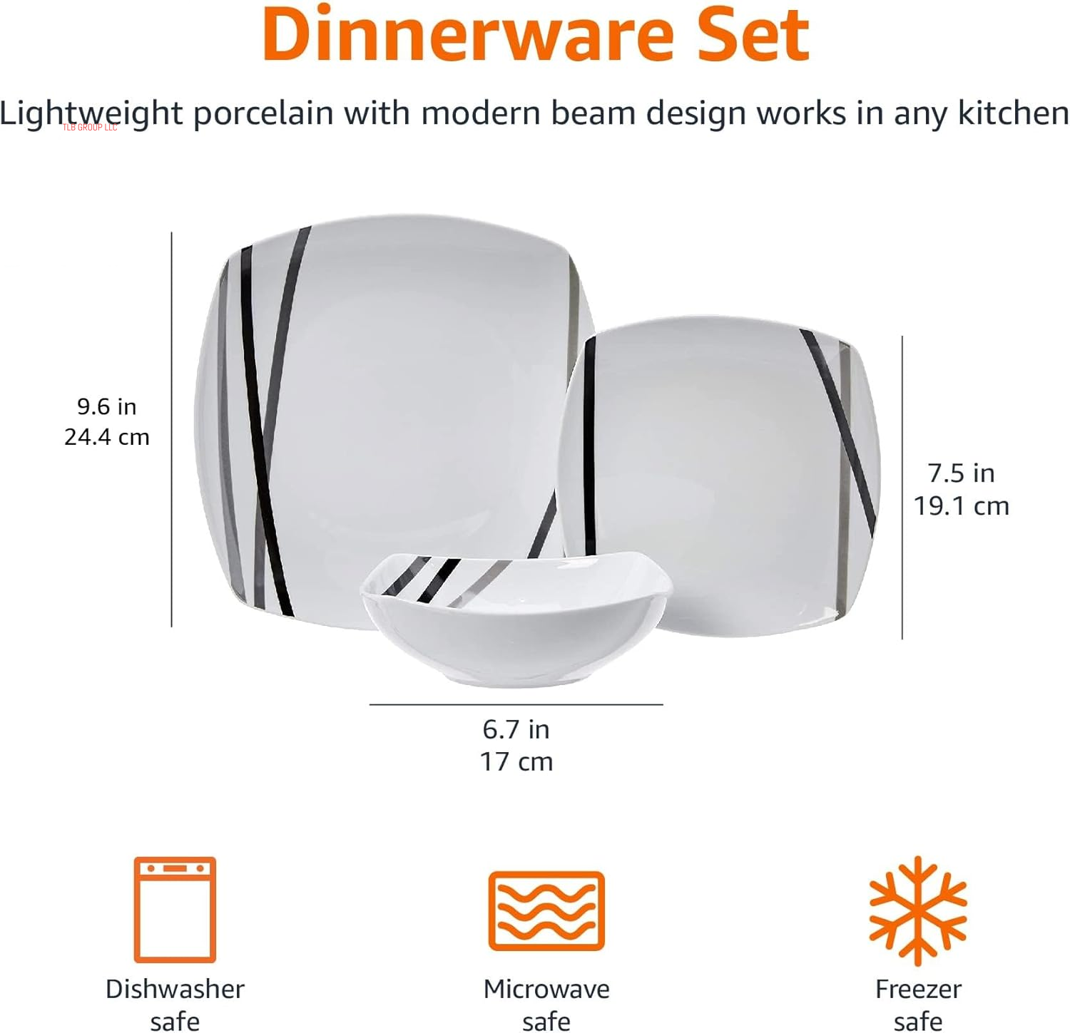 18 Piece Kitchen Dinnerware Set - Square Plates, Bowls, Service for 6 - Modern Beams