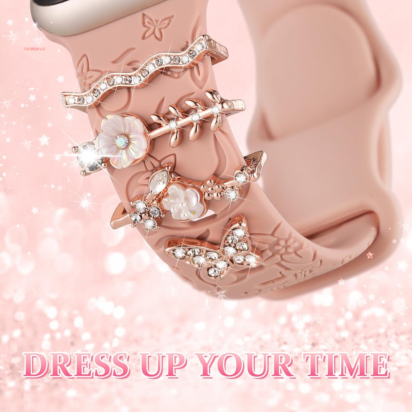Charm+Band for Apple Watch Bands 40Mm 41Mm 38Mm 44Mm 45Mm 46Mm 42Mm Women Men,Floral Engraved Silicone Sport Band+Decorative Ring Loops for Iwatch Series 10 9 8 7 6 5 4 3 SE Ultra/2 49Mm,Jewelry Strap