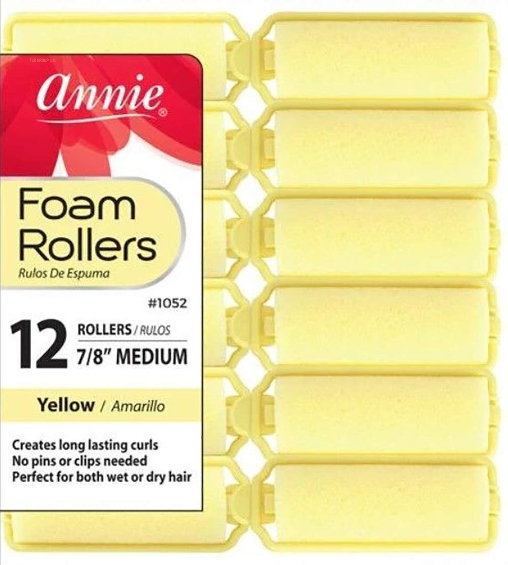 Salon Style Medium Foam Hair Rollers - 7/8" Yellow - 12 Piece Set - Soft Heat-Less Hair Curling Tools