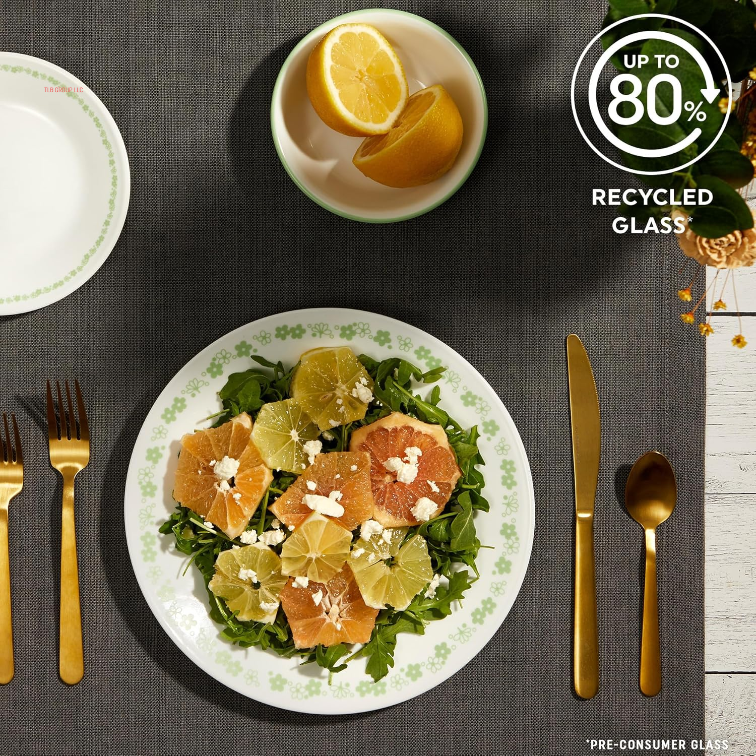 Vitrelle 18 Piece Glass Dinnerware Sets, Service for 6, Triple Layer Chip & Crack Resistant Glass Plate and Bowl Sets, Spring Blossom Green