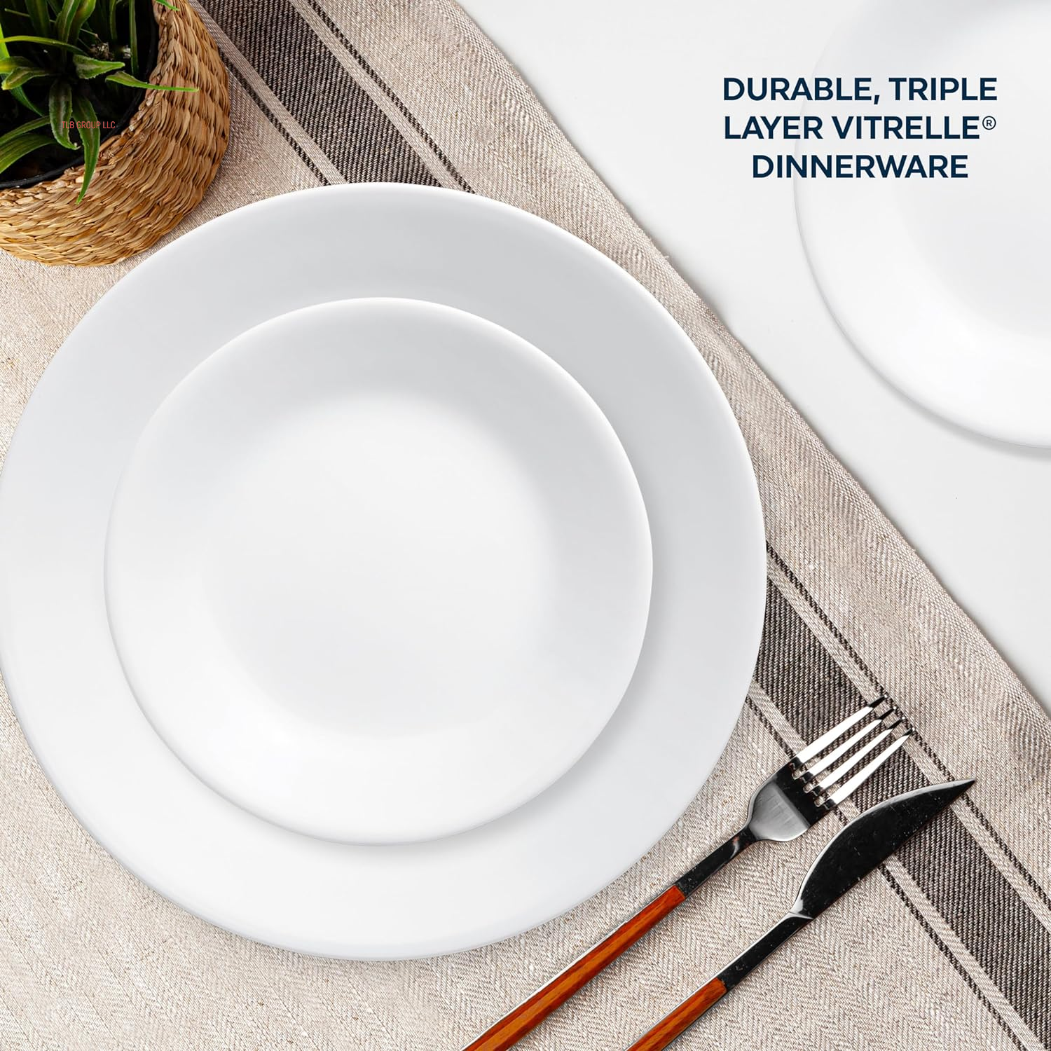 Vitrelle 18-Piece Service for 6 Dinnerware Set, Triple Layer Glass and Chip Resistant, Lightweight round Plates and Bowls Set, Winter Frost White