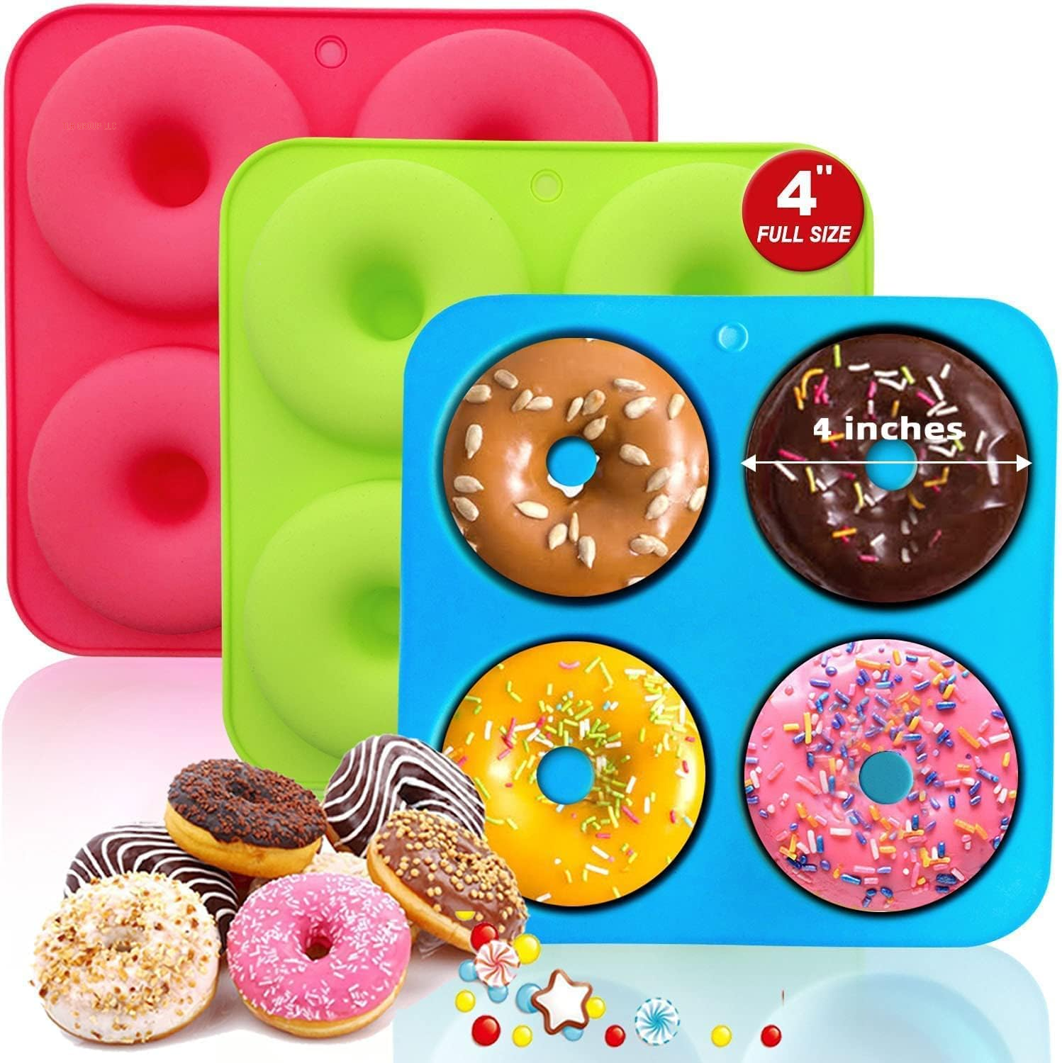 Silicone Donut Mold - Non-Stick Silicone Doughnut Pan Set, Just Pop Out! Heat Resistant, Make Perfect Donut Cake Biscuit Bagels, BPA FREE and Dishwasher Safe, Set of 3