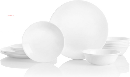 Vitrelle 18-Piece Service for 6 Dinnerware Set, Triple Layer Glass and Chip Resistant, Lightweight round Plates and Bowls Set, Winter Frost White