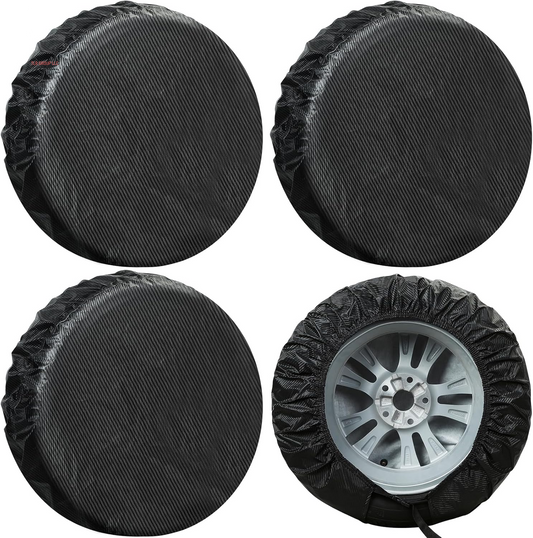 Tire Covers 4 Pack, Tough Tire Wheel Protector for Truck, SUV, Trailer, Camper, RV, Carbon Fiber Spare Tire Cover Sun Rain Snow Protector, Universal Fits Tire Diameters 24-26.5 Inches, Black