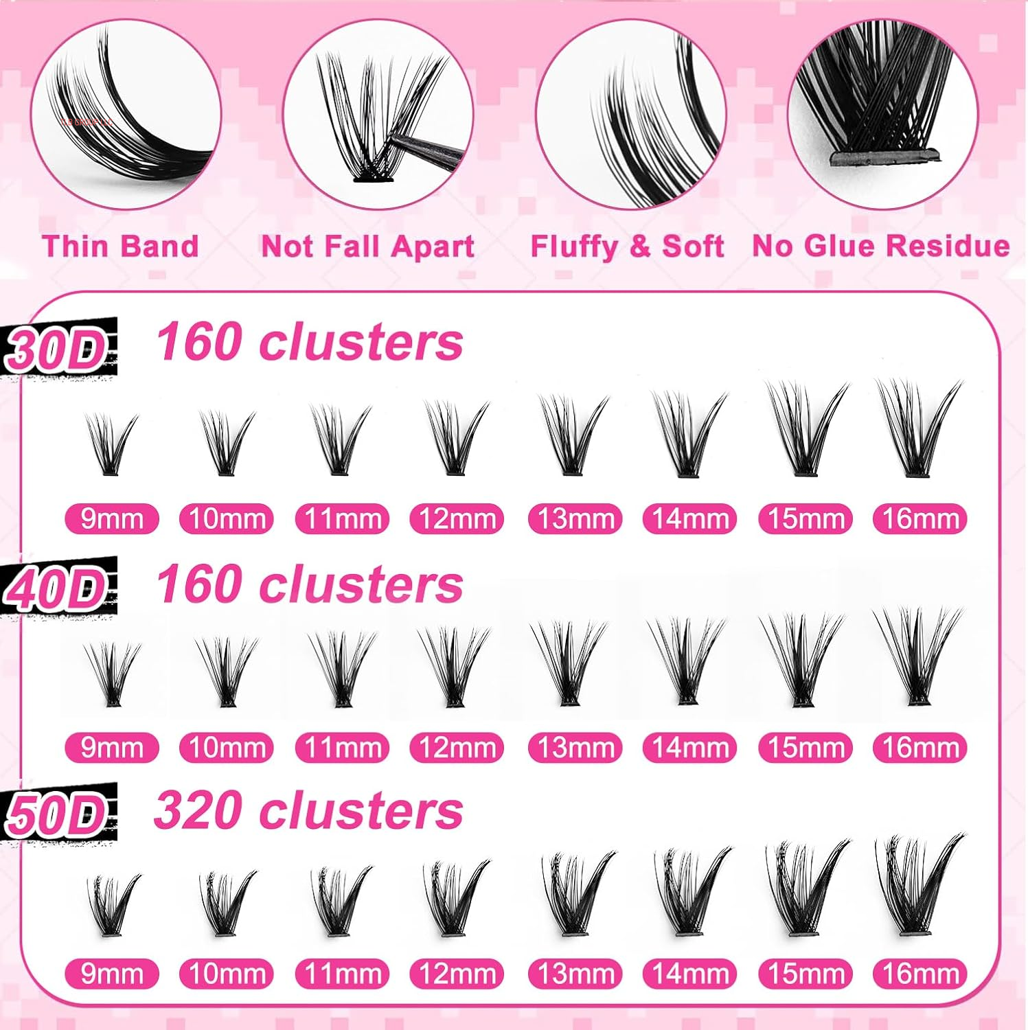 Lash Extension Kit Volume Lash Clusters 30D+40D+50D D Curl Individual Lashes Lash Clusters Kit Thick Eyelash Extension Kit 640 Pcs Thin Band Cluster Lashes Lash Bond and Seal Lash Tweezers