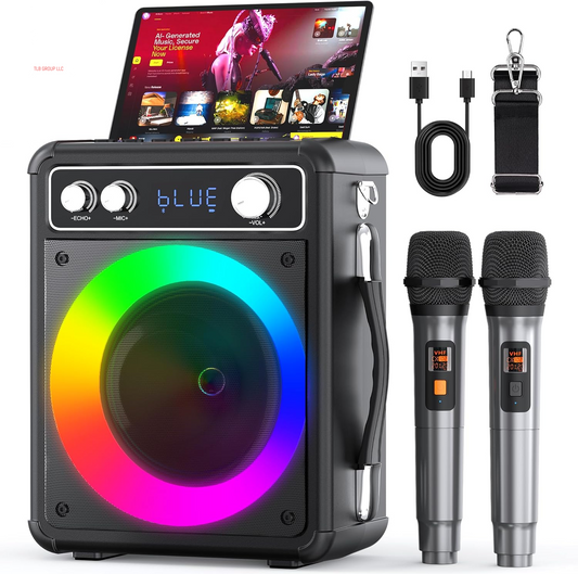 Karaoke Machine, Portable Bluetooth Karaoke Speaker with 2 Wireless Microphones, PA System for Adults Kids with LED Lights, Supports REC/FM/AUX/USB/TF for Home Party