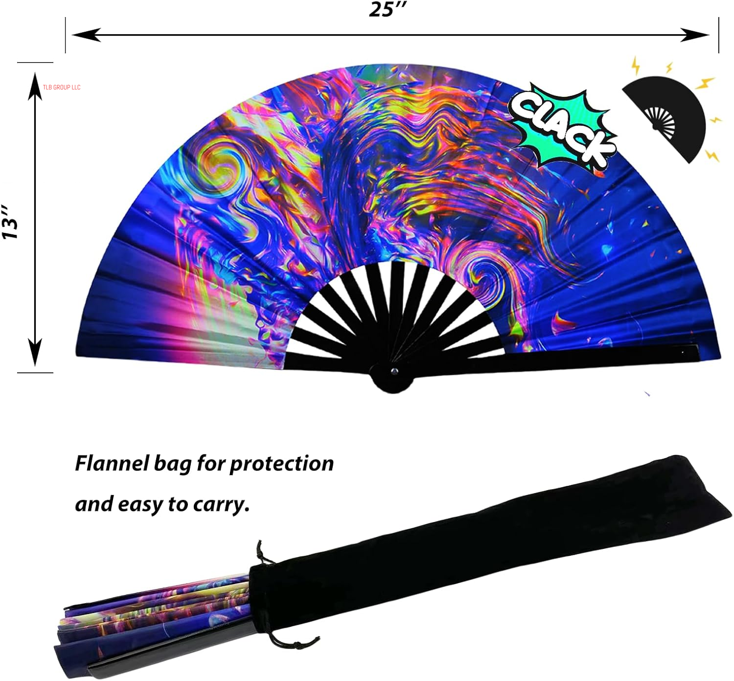 13‘’ UV Glow Large Rave Fan for Men Women, Popping Fan for Line Dancing, Decorative Folding Hand Fan for Party, Home Decoration, Gift, Music Festival Essential, EDM Rave Accessories (Waves)