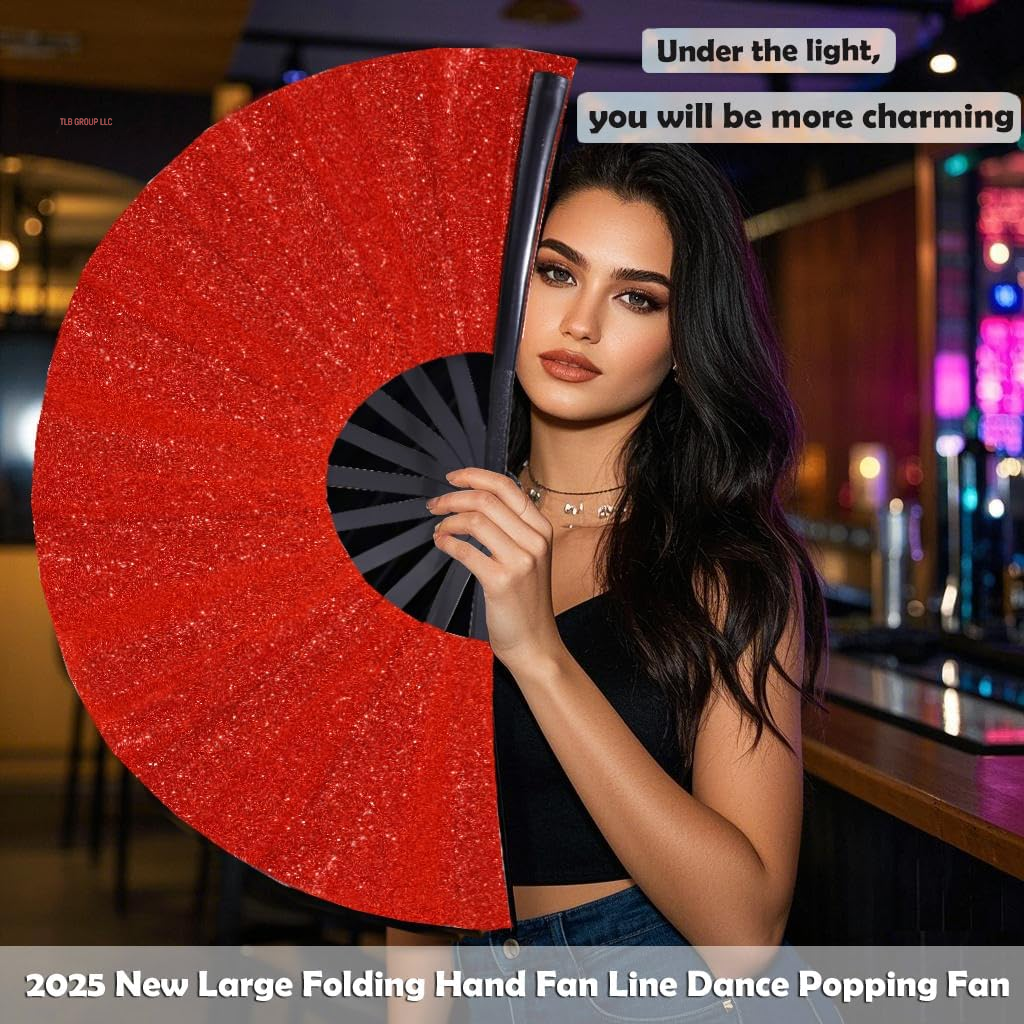 Large Folding Fan-Hand Fan Popping Fan for Line Dancing Clacking Fans for Boots on the Ground Dance, Party,Outdoor,Decoration (Red Glitter)