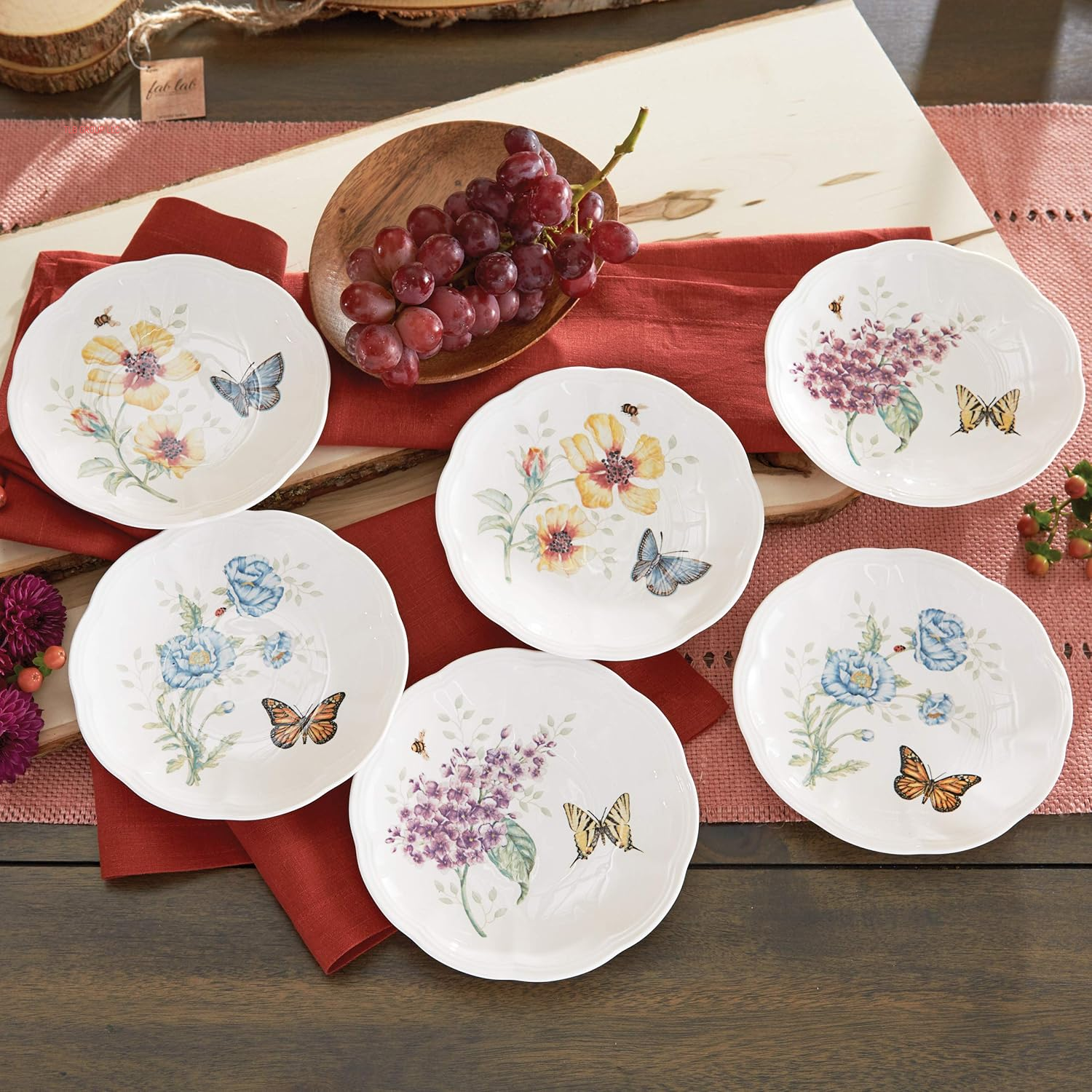 817046 Butterfly Meadow 6-Piece Tidbit Plate Set, White, 3.05 LB