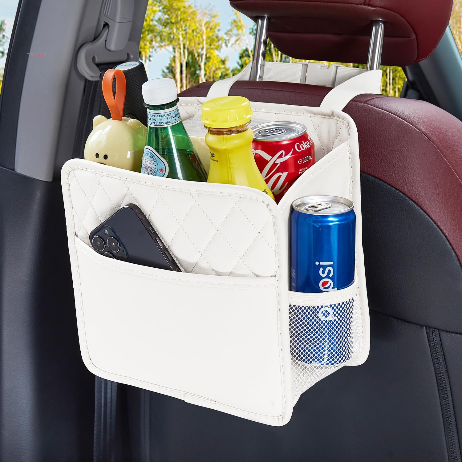 Back Seat Car Organizer, Large Car Seat Organizer with Cup Holders Multifunctional over the Car Seat Organizer Backseat Hanging Leather Car Seat Organizers and Storage Bags(Beige 1Pack)