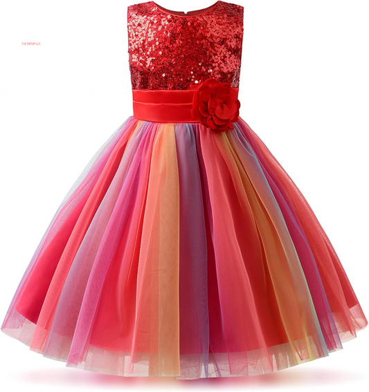Little Girl'S Sequin Sleeveless Mesh Rainbow Dress for Wedding Party