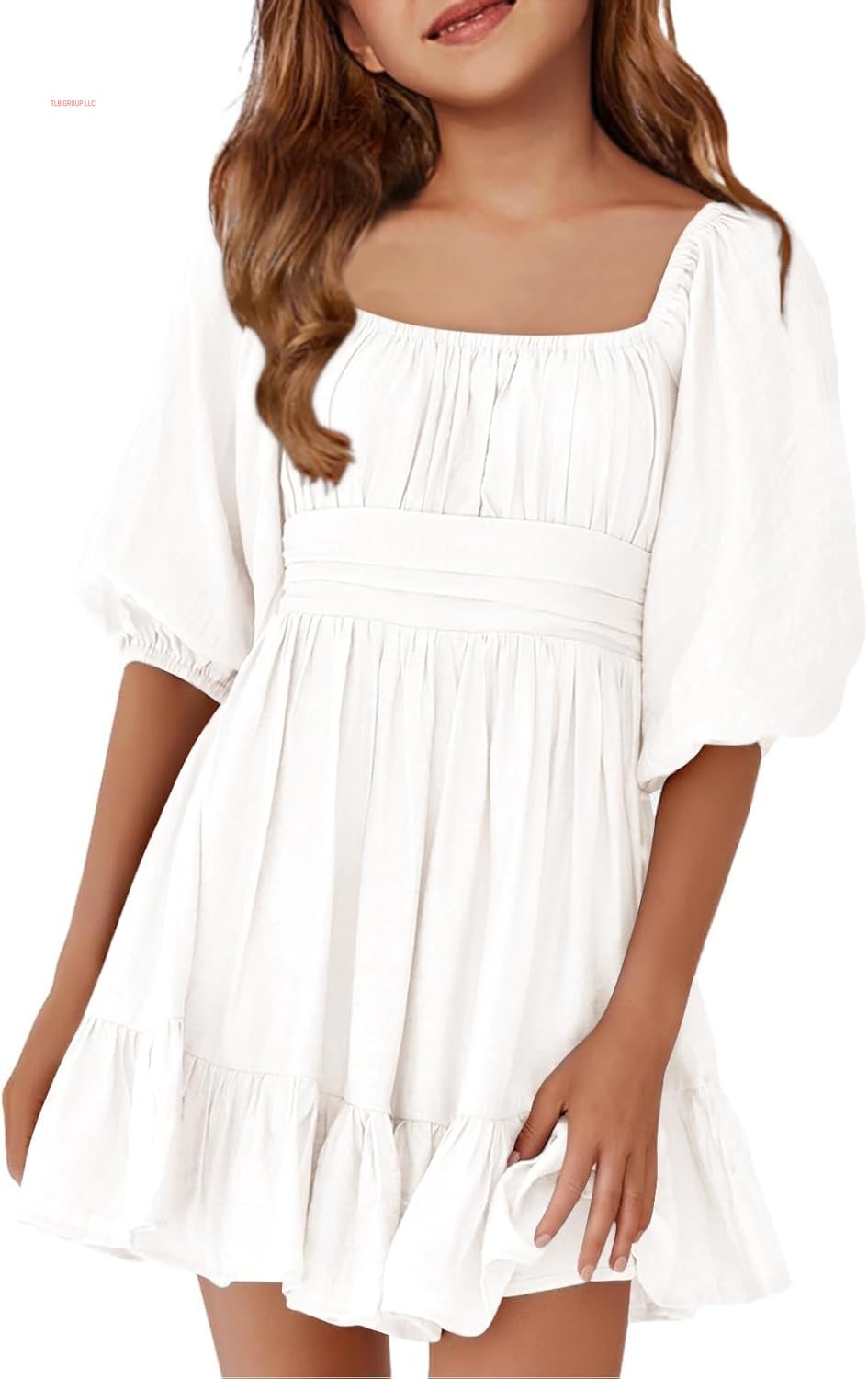 Girls Summer Dresses Square Neck Lantern Sleeve Tie Backless Ruffle A-Line Party Mini Dress