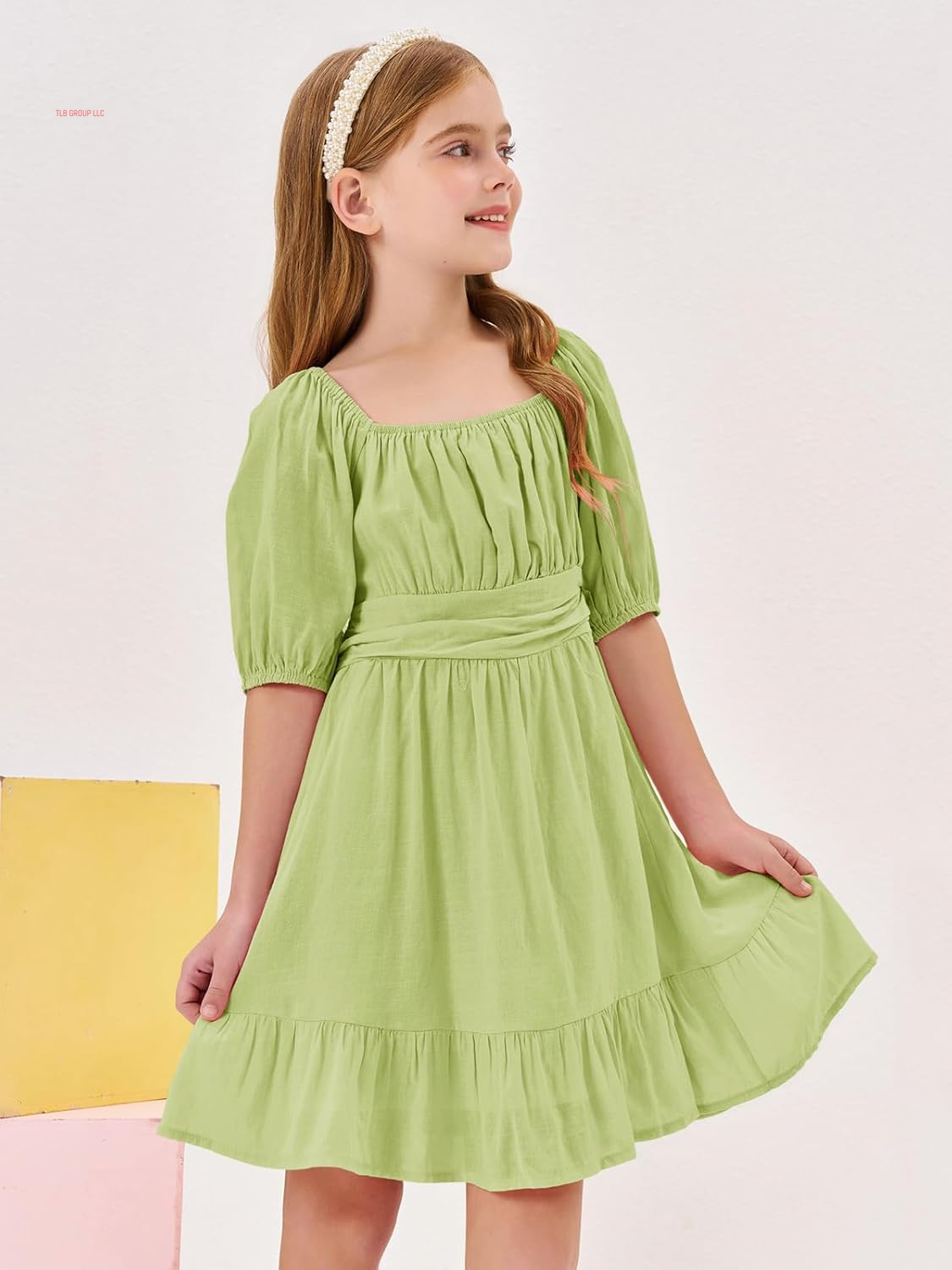 Girls Summer Dresses Square Neck Lantern Sleeve Tie Backless Ruffle A-Line Party Mini Dress