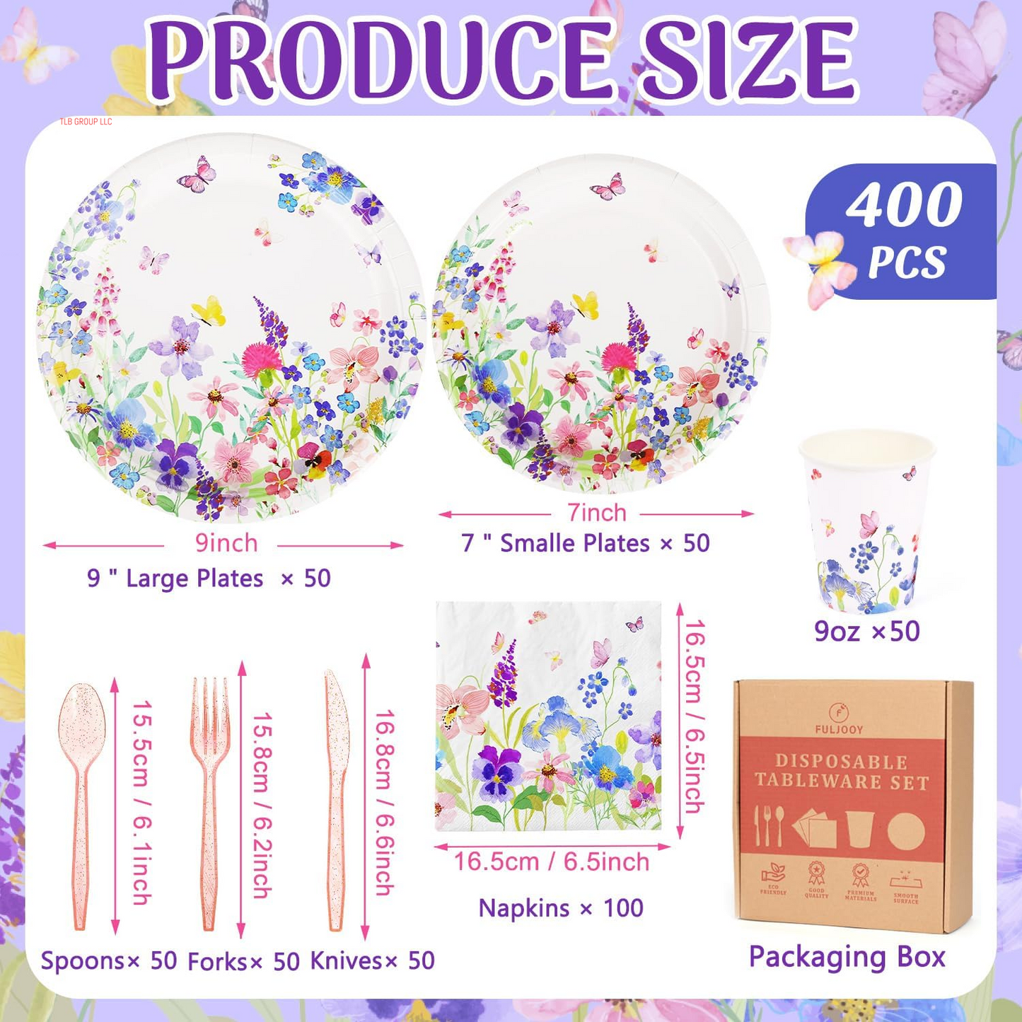 400 Pcs Spring Floral Party Decoration Baby Shower Disposable Tableware Sets Birthday Party Supplies Serves 50 Guests Disposable Plates Napkins and Cups for Baby Bridal Shower Birthday Party