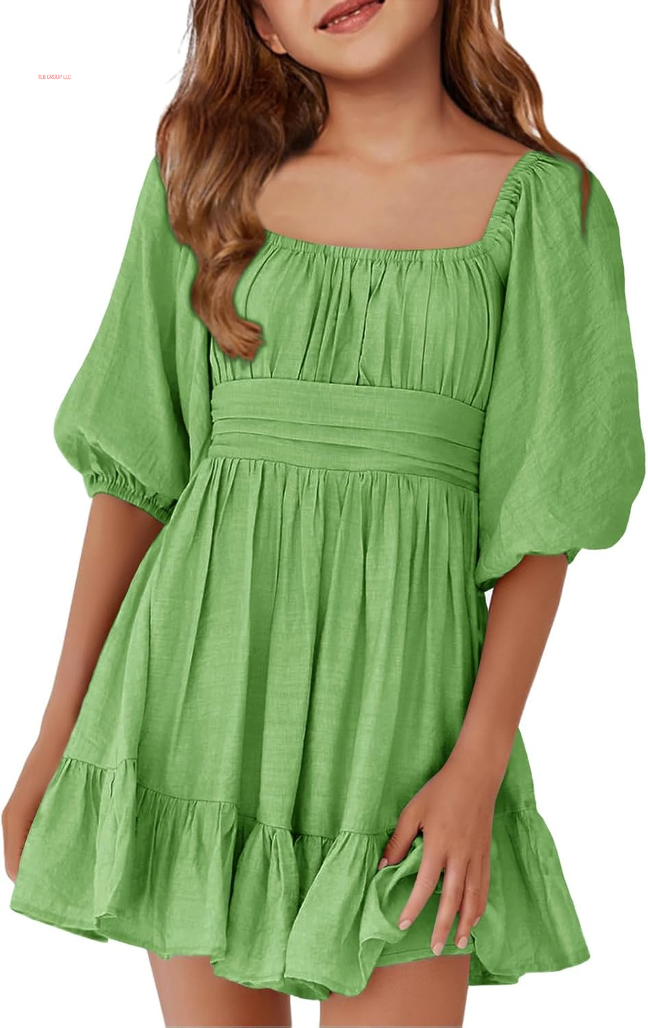 Girls Summer Dresses Square Neck Lantern Sleeve Tie Backless Ruffle A-Line Party Mini Dress