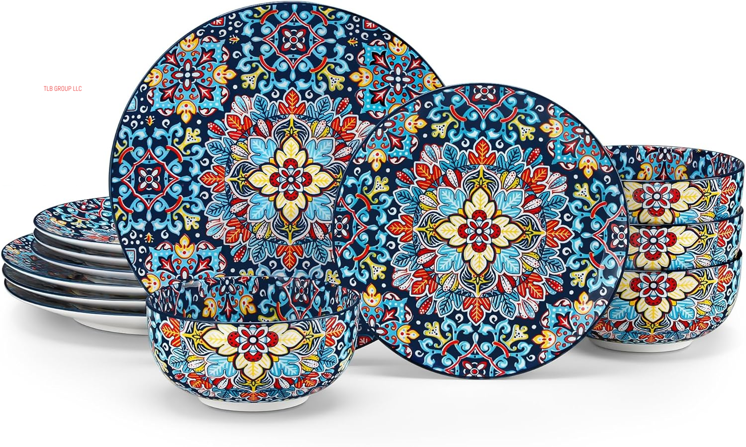 12 Pieces Dinnerware Sets, Plates and Bowls Set, Porcelain Dishes Set for 4, Microwave and Dishwasher Safe, Scratch Resistant, Bohemian Style Dining Ware Service for 4, Series SIMI