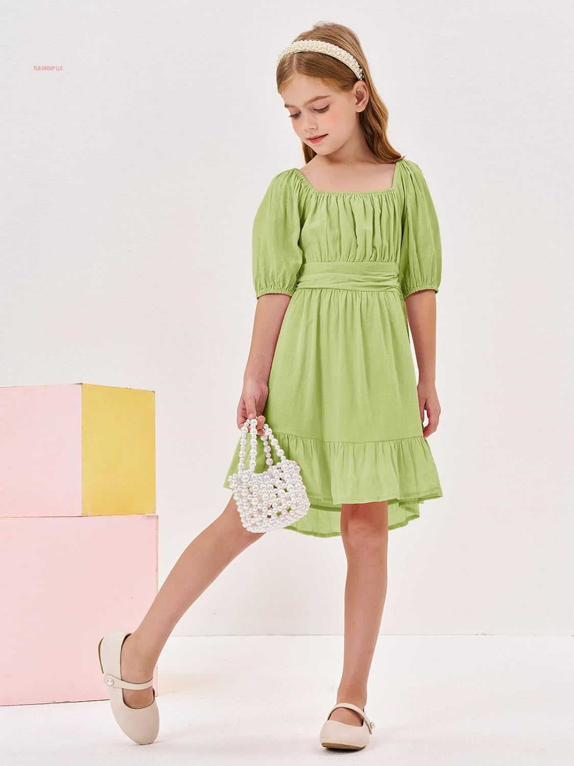Girls Summer Dresses Square Neck Lantern Sleeve Tie Backless Ruffle A-Line Party Mini Dress