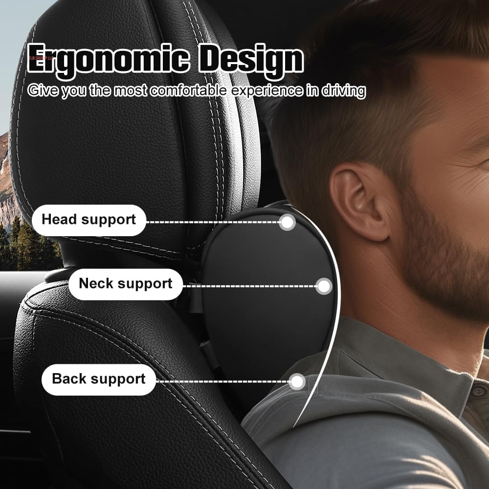 Headrest Pillow for Tesla Model 3 Model Y with Adjustable Strap,Tesla Neck Pillow with Leather,For Head,Neck,Shoulders,Multipurpose,Tesla Accessories 2 Pack (Black)