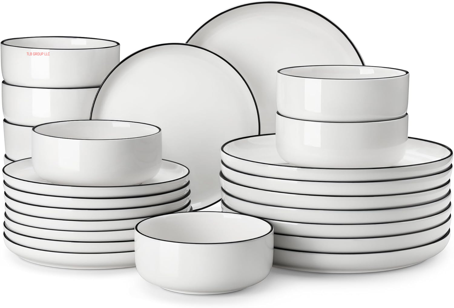 Plates and Bowls Sets, 12 Pieces Modern Porcelain Dinnerware Set for 4 White Kitchen Dinner Dining Ware Set Wtih Black Rim Ceramic Dishware Dishes Microwave and Dishwasher Safe, Series LUNA