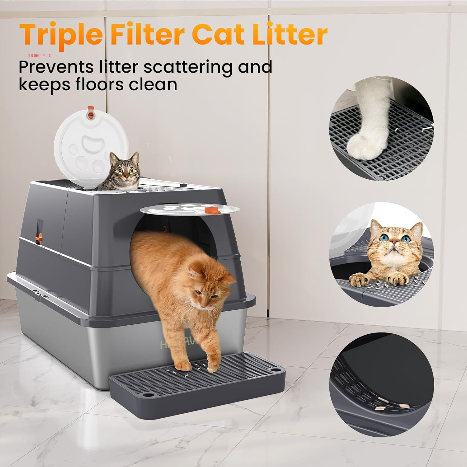 Stainless Steel Litter Box with Lid, 135° Flip-Top Extra Large Cat Litter Pan, Enclosed Metal Litter Box with Litter Scoop & Filter Pedal, Anti-Leakage, Odor Free, Front & Top Dual Entry