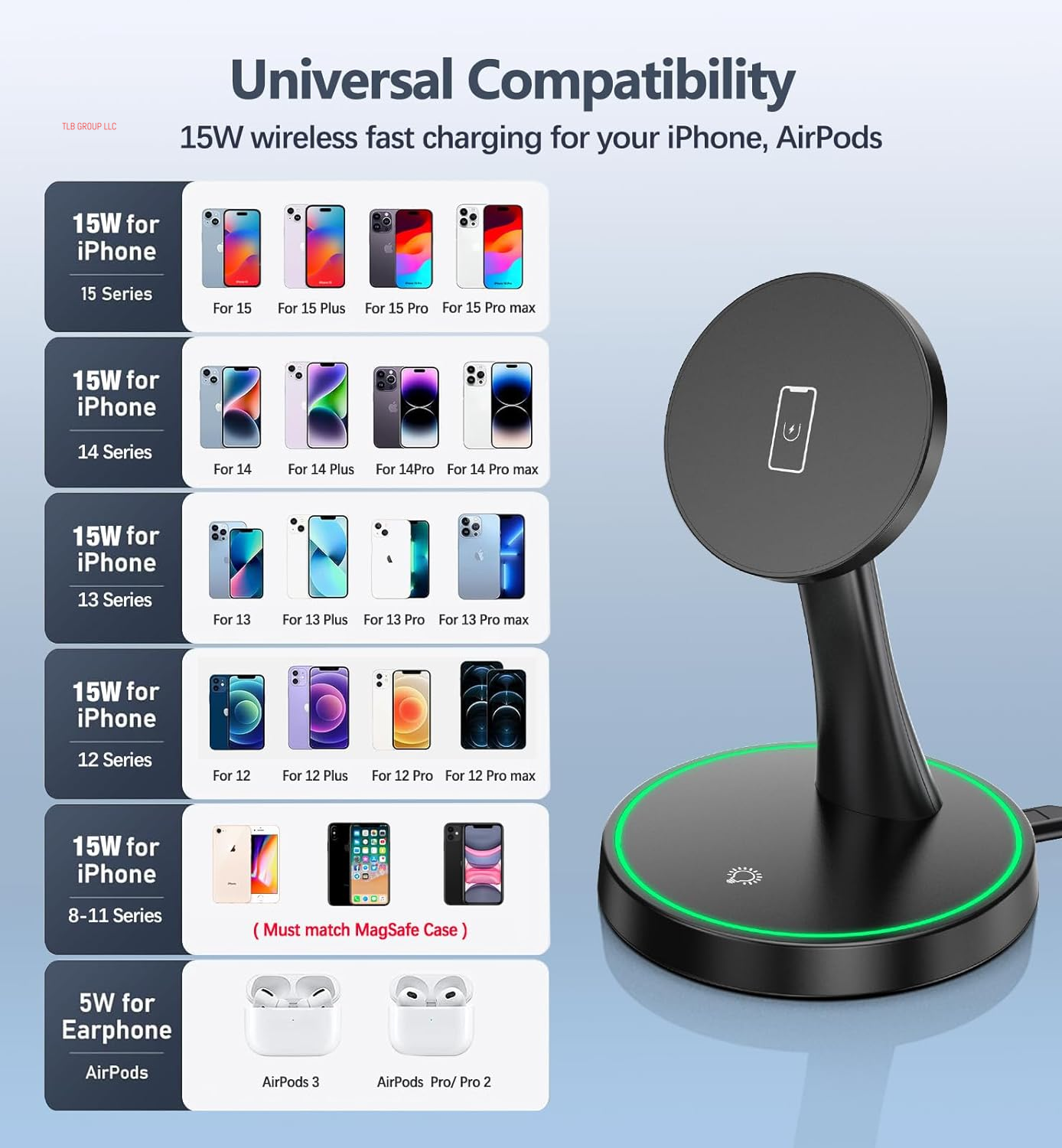 Magnetic Wireless Charger Stand 15W Fast Mag-Safe Charger for Iphone 16/16 Pro/16 Plus/16 Pro Max/15/14/13/12 Series Magnet Wireless Charging Station/Pad with Sleep-Friendly Light for Airpods