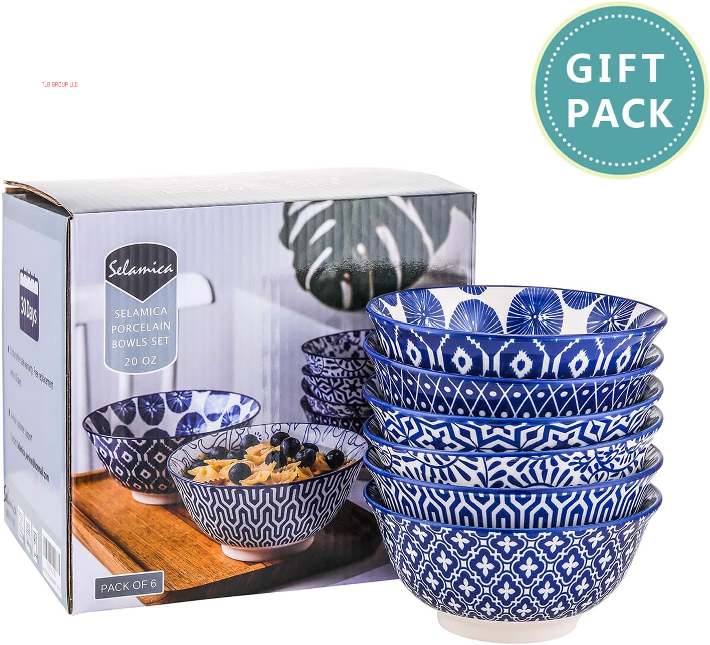 Blue and White Porcelain 20Oz Cereal Bowl Set - Set of 6, 6 Inch Soup Bowls, Ceramic Bowls for Cereal, Soup, Salad and Pasta, Vintage Blue