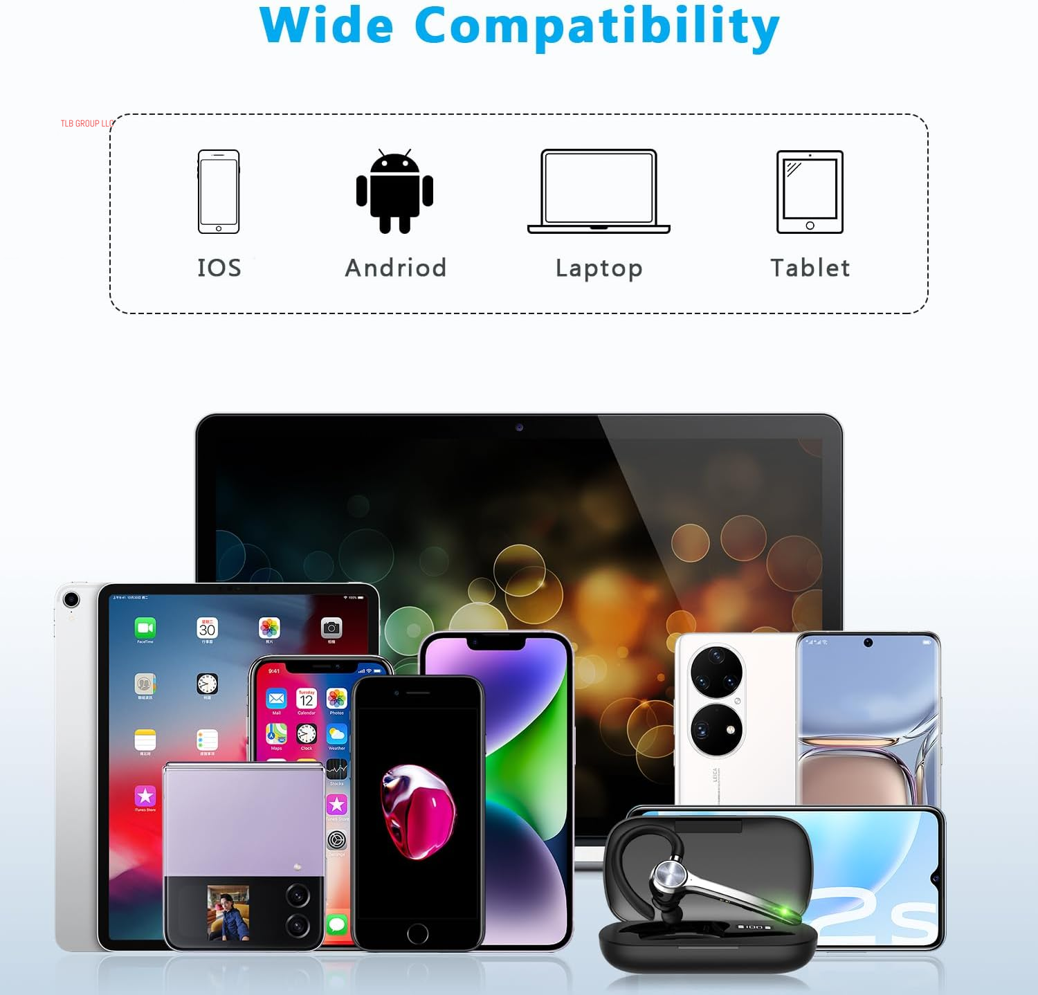 Bluetooth Headset, Wireless Bluetooth Earpiece with 500Mah Charging Case 72 Hours Talking Time Built-In Microphone for Ios Android Cell Phone, V5.1 Hand-Free Headphones for Trucker, Office