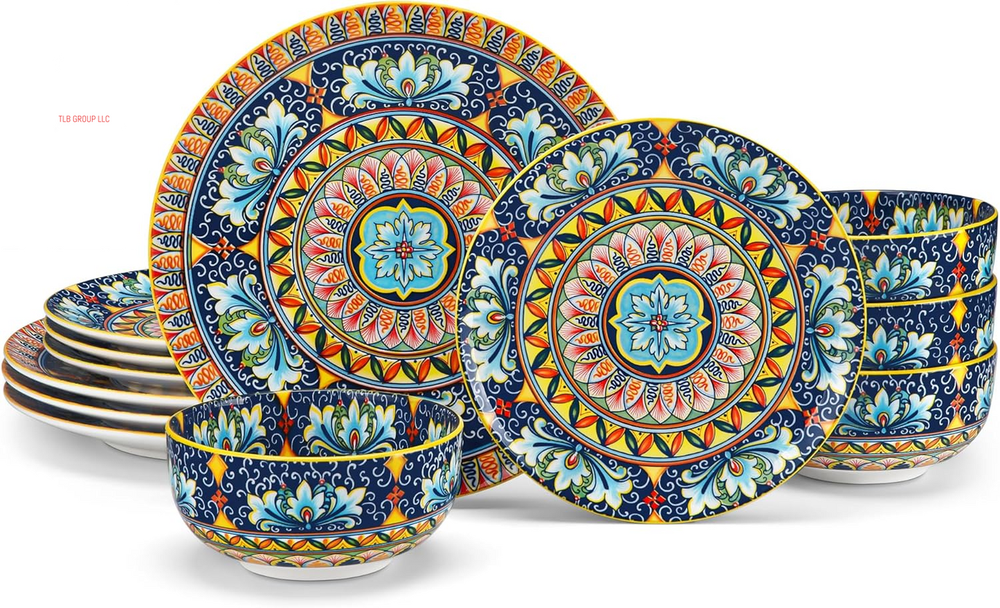 12 Pieces Dinnerware Sets, Plates and Bowls Set, Porcelain Dishes Set for 4, Microwave and Dishwasher Safe, Scratch Resistant, Bohemian Style Dining Ware Service for 4, Series SIMI