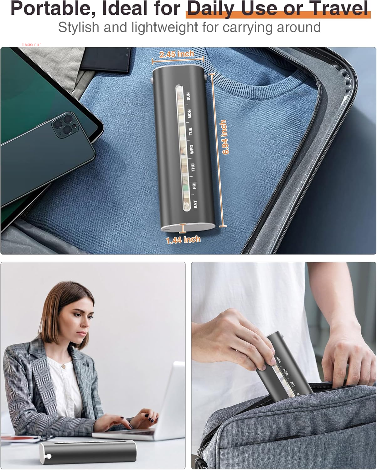 Metal Weekly Pill Organizer, Aluminum Daily Pill Box, 7 Day Portable Travel Pill Case, Large Capacity Pill Holder Container for Pills, Medicines, Vitamins, Fish Oil, Supplements, Steel Grey