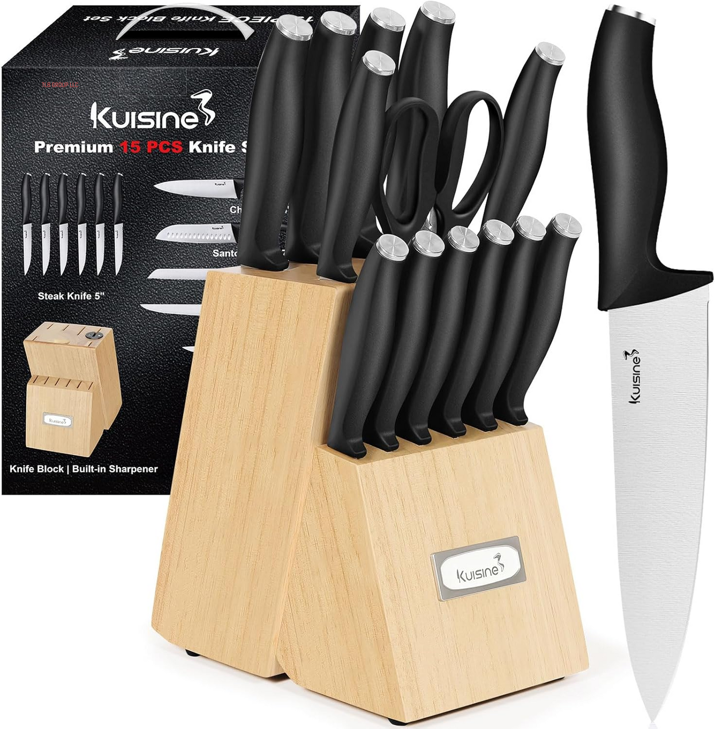 Chef Knife Set,High Carbon Stainless Steel Sharp Knife Set Ergonomic Handle,Kitchen Knife Block Set with Built-In Sharpener(Ivory Pro,15Pcs)