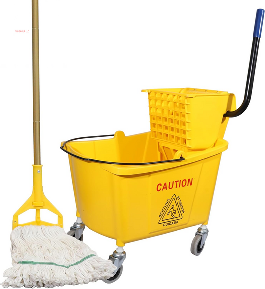 Commercial Mop Bucket with Side-Press Wringer for Floor Cleaning, 35 Quarts, Yellow, Including One Commercial Mop