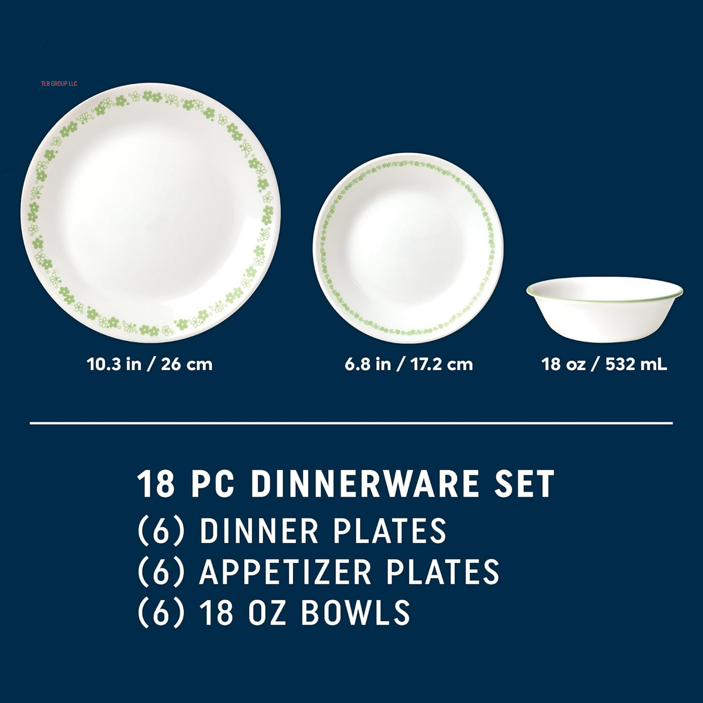 Vitrelle 18 Piece Glass Dinnerware Sets, Service for 6, Triple Layer Chip & Crack Resistant Glass Plate and Bowl Sets, Spring Blossom Green