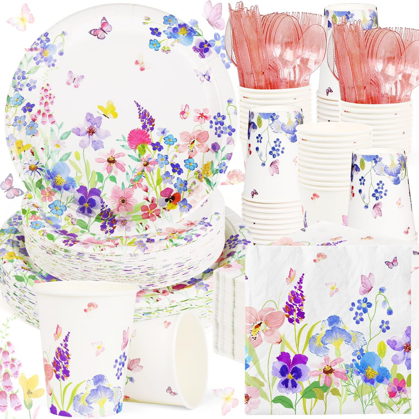 400 Pcs Spring Floral Party Decoration Baby Shower Disposable Tableware Sets Birthday Party Supplies Serves 50 Guests Disposable Plates Napkins and Cups for Baby Bridal Shower Birthday Party