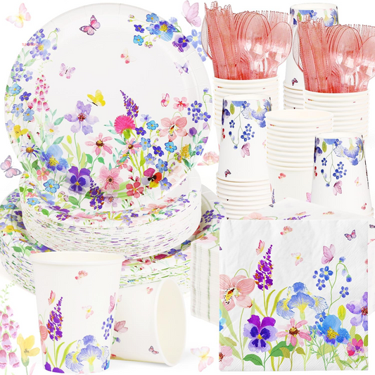 400 Pcs Spring Floral Party Decoration Baby Shower Disposable Tableware Sets Birthday Party Supplies Serves 50 Guests Disposable Plates Napkins and Cups for Baby Bridal Shower Birthday Party