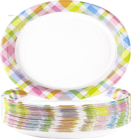 50Pcs Easter Oval Paper Plates 10" X 12" Large Disposable Heavy Duty Color Easter Buffalo Plaid Checkered Paper Platters Spring Rainbow Dessert Plates for Holiday Dinner Birthday Party Supplies