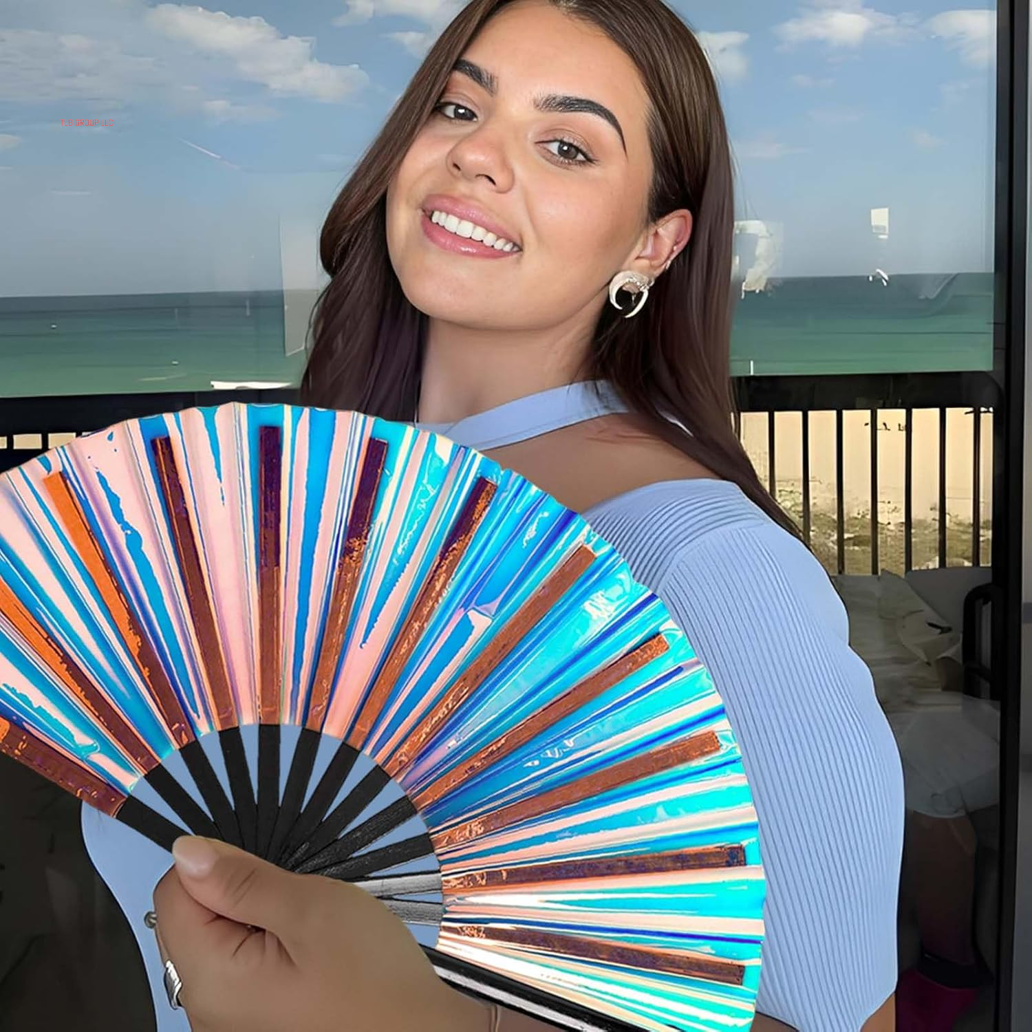 Large Clack Hand Rave Fan Holographic Folding Popping Line Dance Fan Foldable Handheld Clacking Fans for Line Dancing Craft Laser Rave Accessories for Festival Rainbow Outfits Party Club(Light Blue)