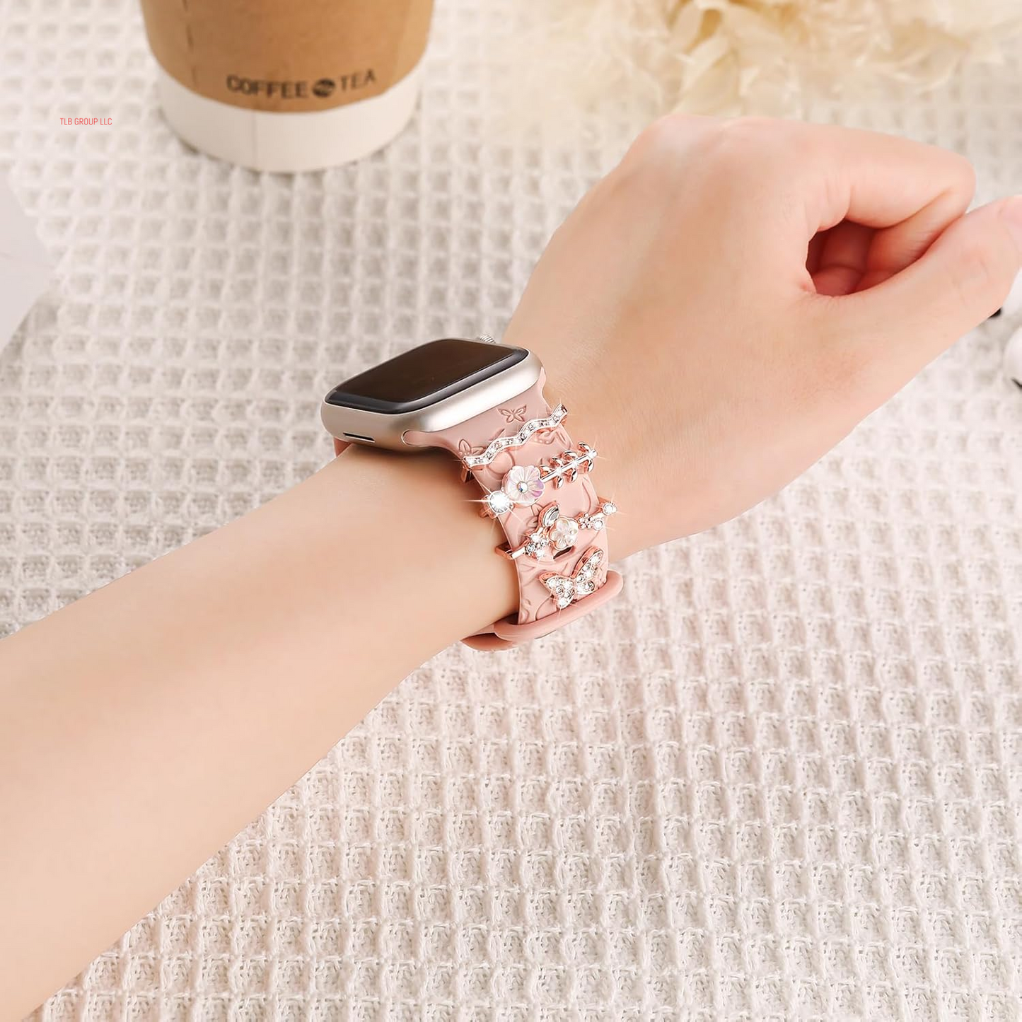 Charm+Band for Apple Watch Bands 40Mm 41Mm 38Mm 44Mm 45Mm 46Mm 42Mm Women Men,Floral Engraved Silicone Sport Band+Decorative Ring Loops for Iwatch Series 10 9 8 7 6 5 4 3 SE Ultra/2 49Mm,Jewelry Strap
