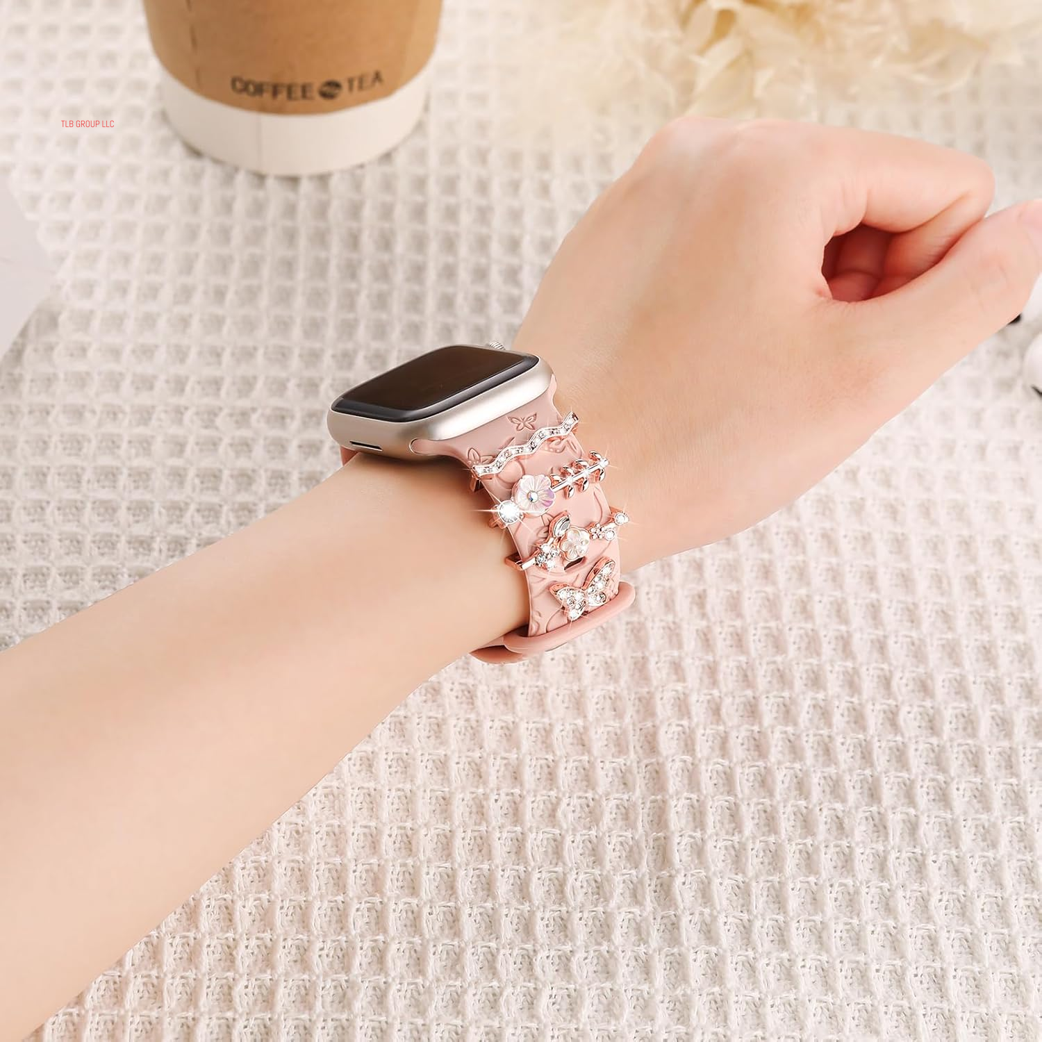 Charm+Band for Apple Watch Bands 40Mm 41Mm 38Mm 44Mm 45Mm 46Mm 42Mm Women Men,Floral Engraved Silicone Sport Band+Decorative Ring Loops for Iwatch Series 10 9 8 7 6 5 4 3 SE Ultra/2 49Mm,Jewelry Strap
