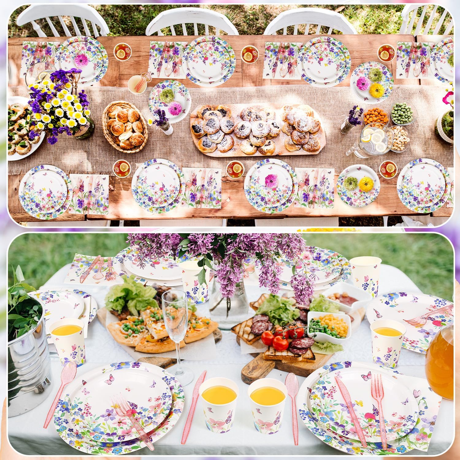 400 Pcs Spring Floral Party Decoration Baby Shower Disposable Tableware Sets Birthday Party Supplies Serves 50 Guests Disposable Plates Napkins and Cups for Baby Bridal Shower Birthday Party