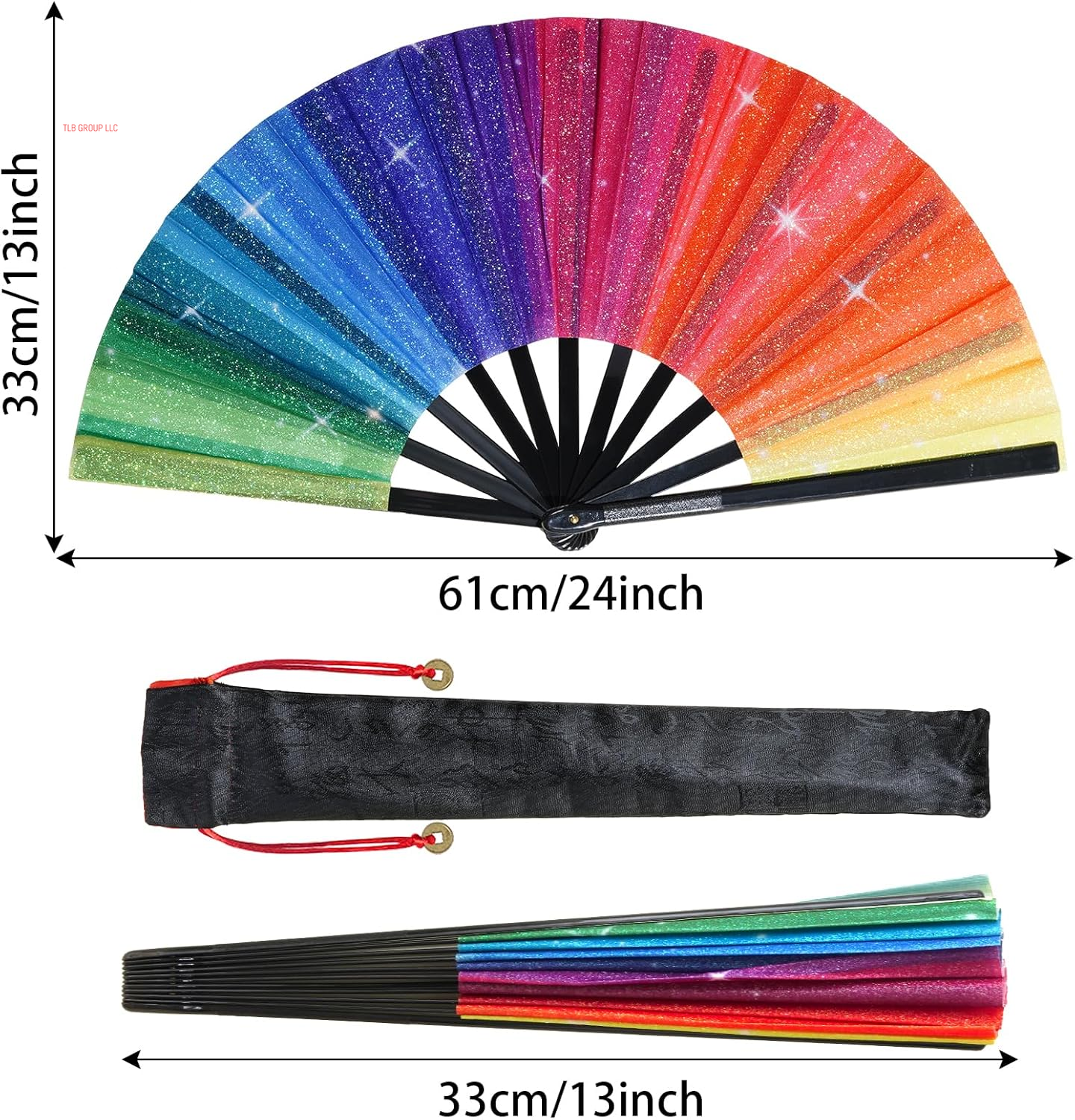 Rainbow Rave Folding Hand Fan, Large Line Dance Popping Fan, Festival Clacking Fan with Fabric Case, Perfect for Dance, Performance, Wedding, Party Decoration, Gift