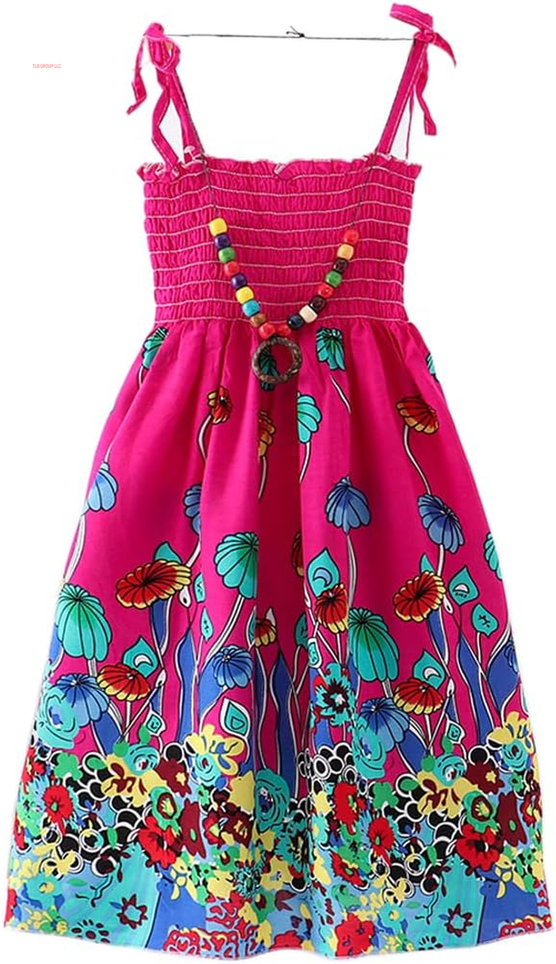 Girls Bohemian Dresses Floral Sleeveless Rainbow Beach Sundress with Necklace 2-12T