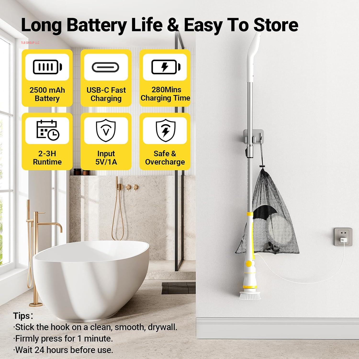 Electric Spin Scrubber, Cordless Cleaning Brush with LED Display, 4 Adjustable Angles, 3 Speeds, 2H Runtime, Adjustable Handle, 5 Brush Heads for Bathroom Tub Kitchen Tile Floor