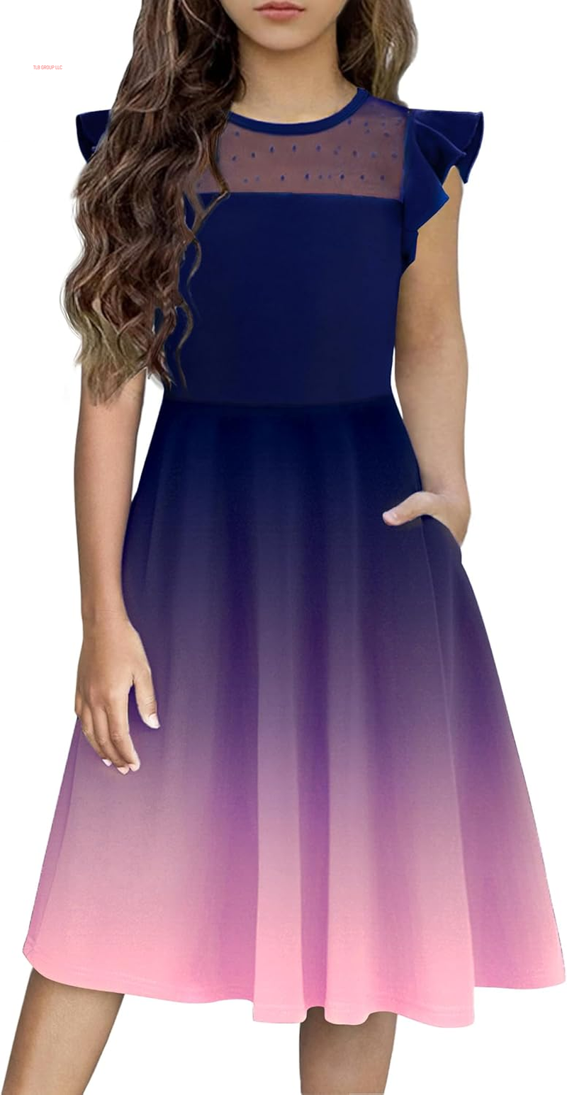 Girls Dresses Summer Formal Party Wedding Ruffle Sleeve Mesh a Line Dress with Pockets