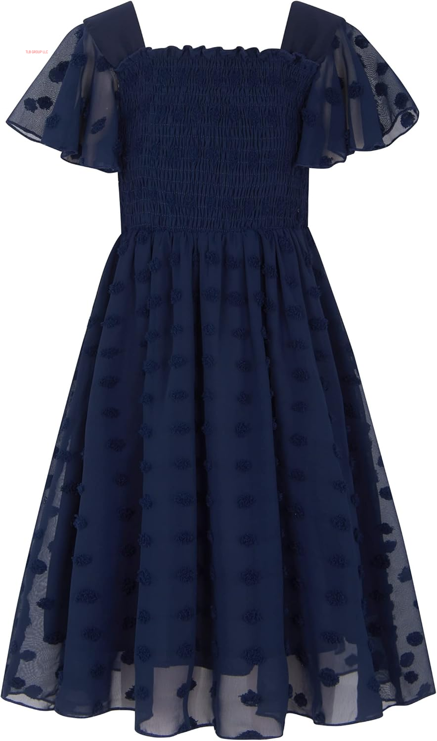 6-12T Girls Chiffon Dress with Solid Pom Poms & Flutter Ruffle Short Sleeve Kids Lace Square Neck Frocks
